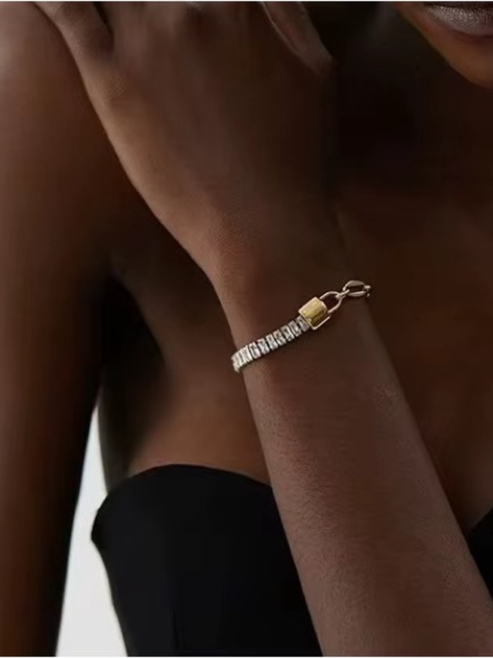 18K Gold Plated Baguette Crystal Paperclip Chain Bracelet - Picture 3 of 7